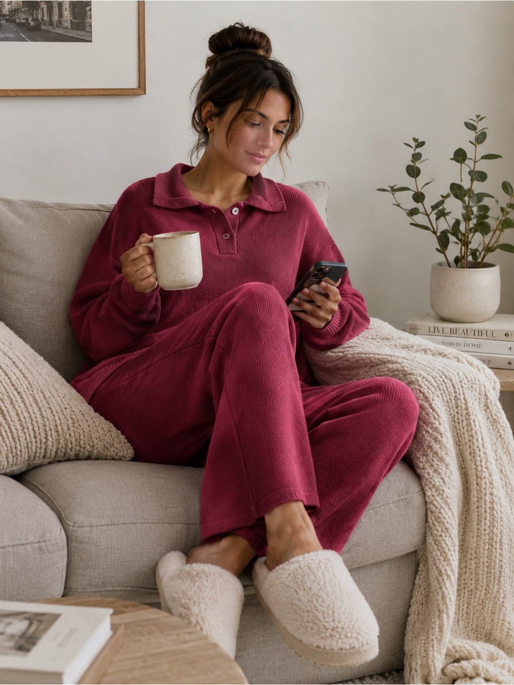 Aerie Maroon waffle-knit matching lounge set oversized